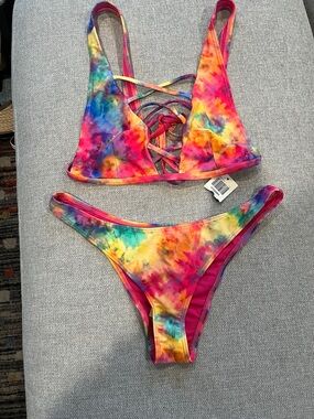 Hot Topic Tie-Dye Multicolor Lace-Up Bikini Set